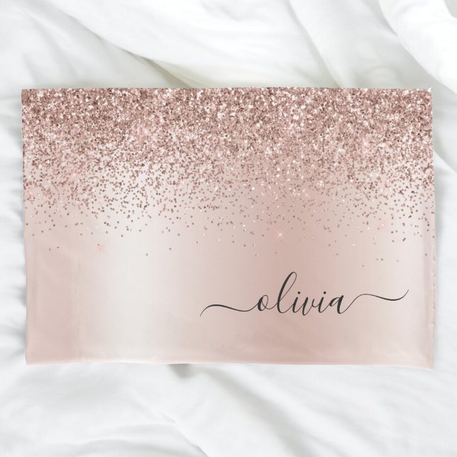 Rose Gold - Blush Pink Glitter Metal Monogram Name Pillowcase (Creator Uploaded)