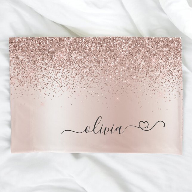 Rose Gold - Blush Pink Glitter Metal Monogram Name Pillowcase (Creator Uploaded)