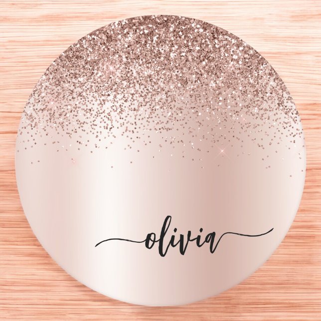 Rose Gold - Blush Pink Glitter Metal Monogram Name Round Paper Coaster (Creator Uploaded)