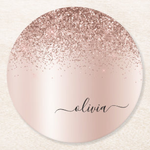 Rose Gold - Blush Pink Glitter Metal Monogram Name Round Paper Coaster