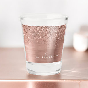 Rose Gold - Blush Pink Glitter Metal Monogram Name Shot Glass