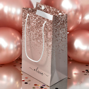 Rose Gold - Blush Pink Glitter Metal Monogram Name Small Gift Bag