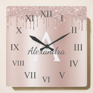 Rose Gold - Blush Pink Glitter Metal Monogram Name Square Wall Clock