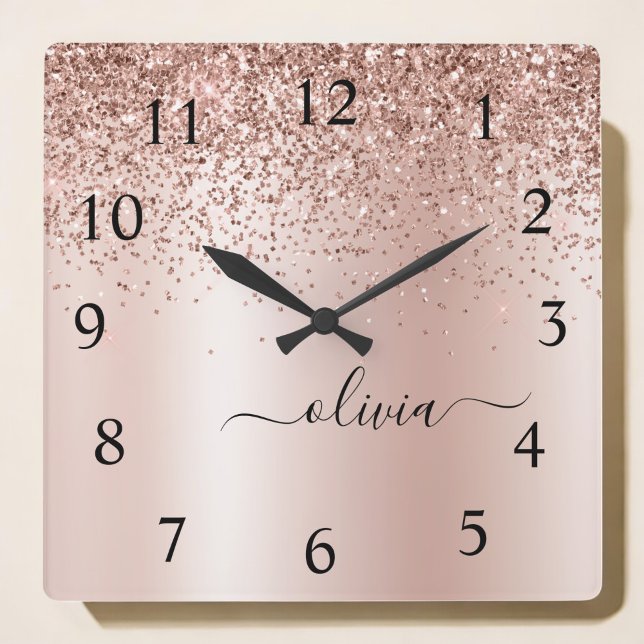 Rose Gold - Blush Pink Glitter Metal Monogram Name Square Wall Clock (Creator Uploaded)