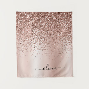 Rose Gold - Blush Pink Glitter Metal Monogram Name Tapestry
