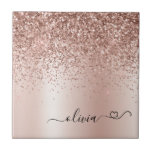 Rose Gold - Blush Pink Glitter Metal Monogram Name Tile<br><div class="desc">Rose Gold - Blush Pink Faux Foil Metallic Sparkle Glitter Brushed Metal Monogram Name and Initial Ceramic Tiles with cursive name and heart. This makes the perfect sweet 16 birthday,  wedding,  bridal shower,  anniversary,  baby shower or bachelorette party gift for someone that loves glam luxury and chic styles.</div>