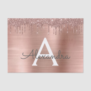 Rose Gold - Blush Pink Glitter Metal Monogram Name Tissue Paper