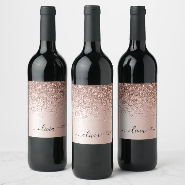 Rose Gold - Blush Pink Glitter Metal Monogram Name Wine Label (Bottles)