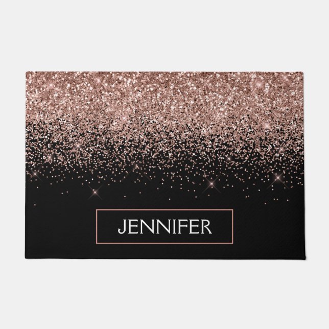 Rose Gold Blush Pink Glitter Monogram Girly Doormat (Front)