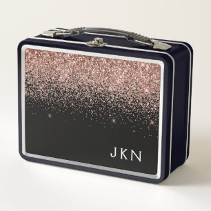 Rose Gold Blush Pink Glitter Monogram Initials Metal Lunch Box