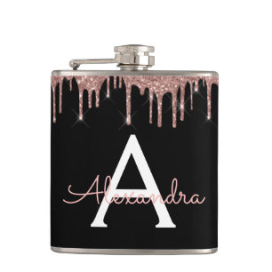 Rose Gold - Blush Pink Glitter Monogram Name Hip Flask