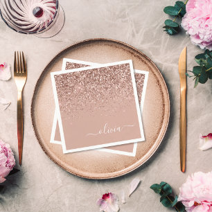 Rose Gold - Blush Pink Glitter Monogram Name Napkin