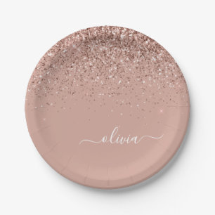 Rose Gold - Blush Pink Glitter Monogram Name Paper Plate