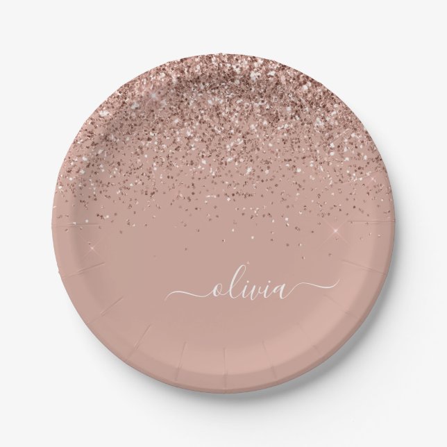 Rose Gold - Blush Pink Glitter Monogram Name Paper Plate (Front)