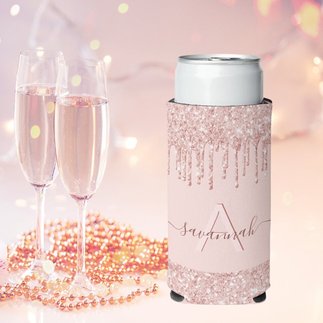 Rose gold blush pink glitter monogram name seltzer can cooler (Creator Uploaded)