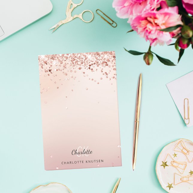 Rose gold blush pink glitter monogram post-it notes (Creator Uploaded)