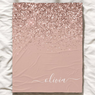 Rose Gold Blush Pink Glitter Script Monogram Fleece Blanket