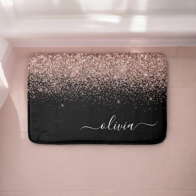 Rose Gold Blush Pink Glitter Script Monogram Girly Bath Mat (Creator Uploaded)