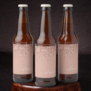 Rose Gold Blush Pink Glitter Script Monogram Girly Beer Bottle Label