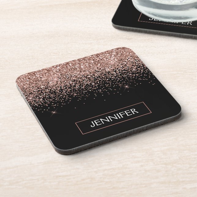 Rose Gold Blush Pink Glitter Script Monogram Girly Coaster (Left Side)