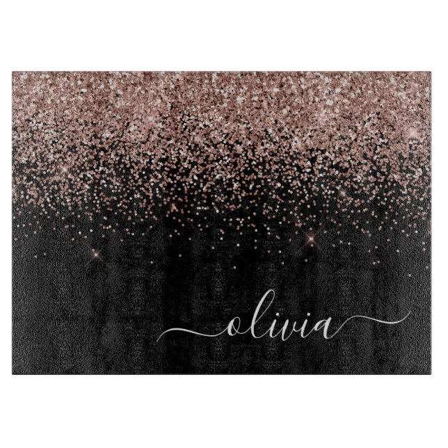 Rose Gold Blush Pink Glitter Script Monogram Girly Cutting Board (Front)