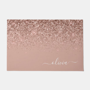 Rose Gold Blush Pink Glitter Script Monogram Girly Doormat