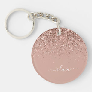 Rose Gold Blush Pink Glitter Script Monogram Girly Key Ring