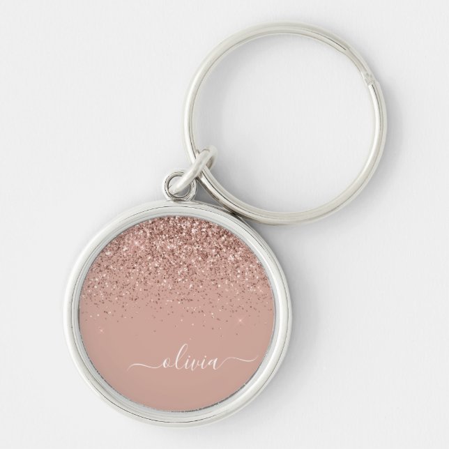 Rose Gold Blush Pink Glitter Script Monogram Girly Key Ring (Front)