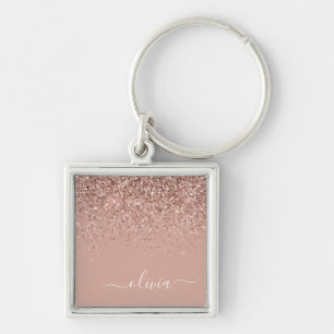 Rose Gold Blush Pink Glitter Script Monogram Girly Key Ring