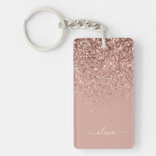 Rose Gold Blush Pink Glitter Script Monogram Girly Key Ring