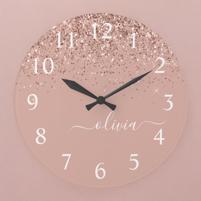 Rose Gold Blush Pink Glitter Script Monogram Girly Large Clock (Creator Uploaded)