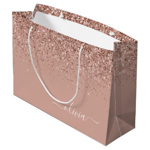 Rose Gold Blush Pink Glitter Script Monogram Girly Large Gift Bag