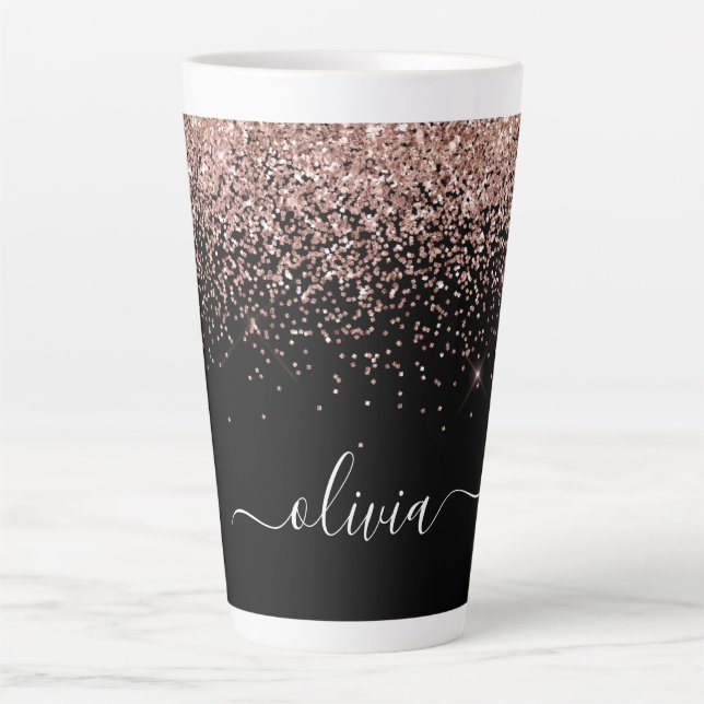 Rose Gold Blush Pink Glitter Script Monogram Girly Latte Mug (Front)