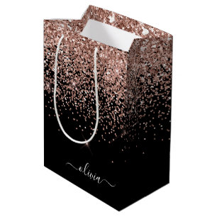 Rose Gold Blush Pink Glitter Script Monogram Girly Medium Gift Bag