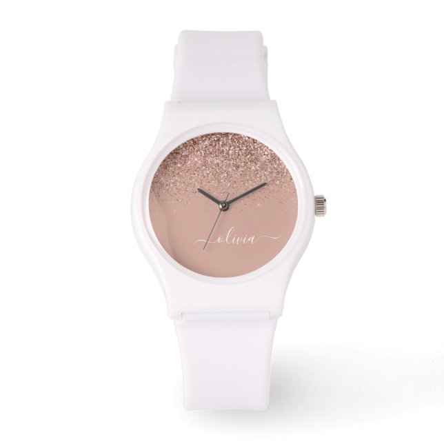 Rose Gold Blush Pink Glitter Script Monogram Girly Watch (Front)