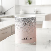Rose Gold - Blush Pink Glitter Silver Monogram