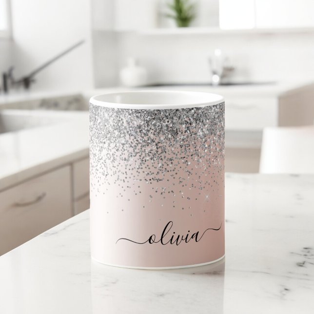 Rose Gold - Blush Pink Glitter Silver Monogram Coffee Mug (Creator Uploaded)
