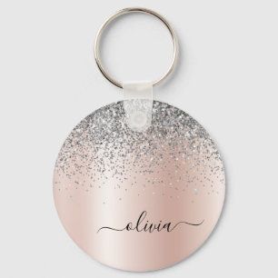 Rose Gold - Blush Pink Glitter Silver Monogram Key Ring