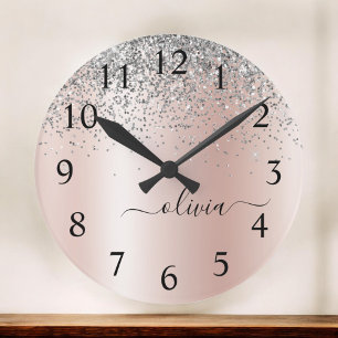 Rose Gold - Blush Pink Glitter Silver Monogram Large Clock