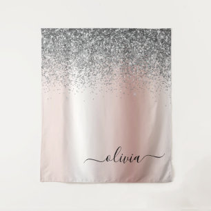 Rose Gold - Blush Pink Glitter Silver Monogram Tapestry