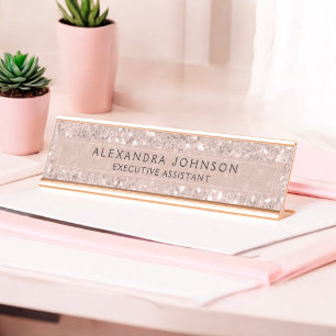 Rose Gold - Blush Pink Glitter Sparkle Modern Chic Desk Name Plate