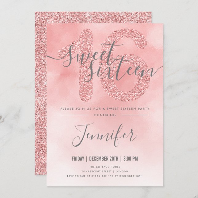 Rose Gold Blush Pink Glitter Sweet 16 Invitation (Front/Back)