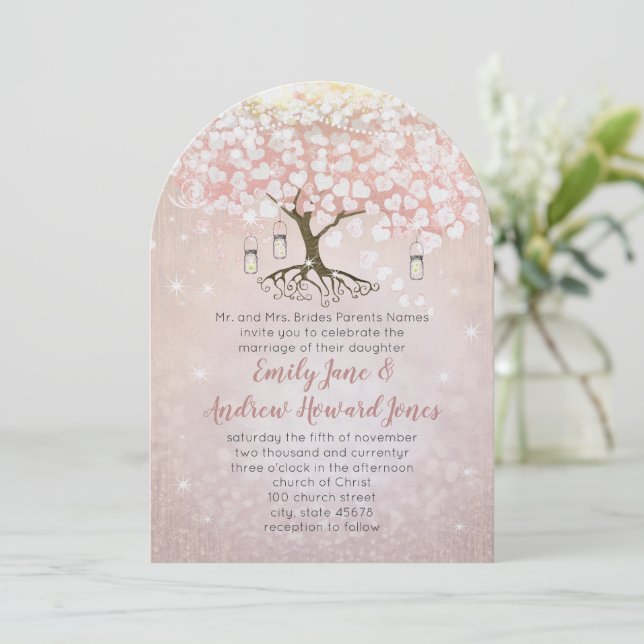 Rose Gold Blush Pink Heart Tree Wedding Invitation (Standing Front)