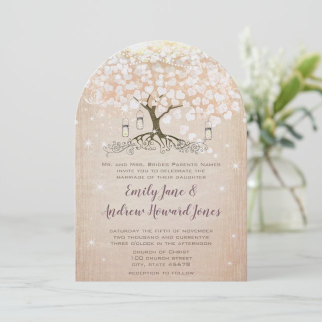 Rose Gold Blush Pink Heart Tree Wedding  Invitation (Standing Front)