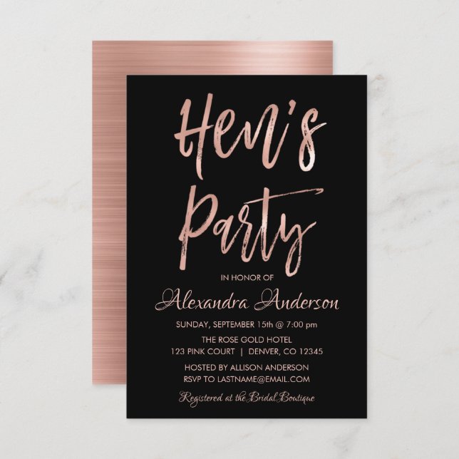 Rose Gold - Blush Pink Hen's Party Invitation (Front/Back)