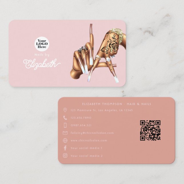 Rose Gold Blush Pink LA Sign Nail Salon Business Card (Front/Back)