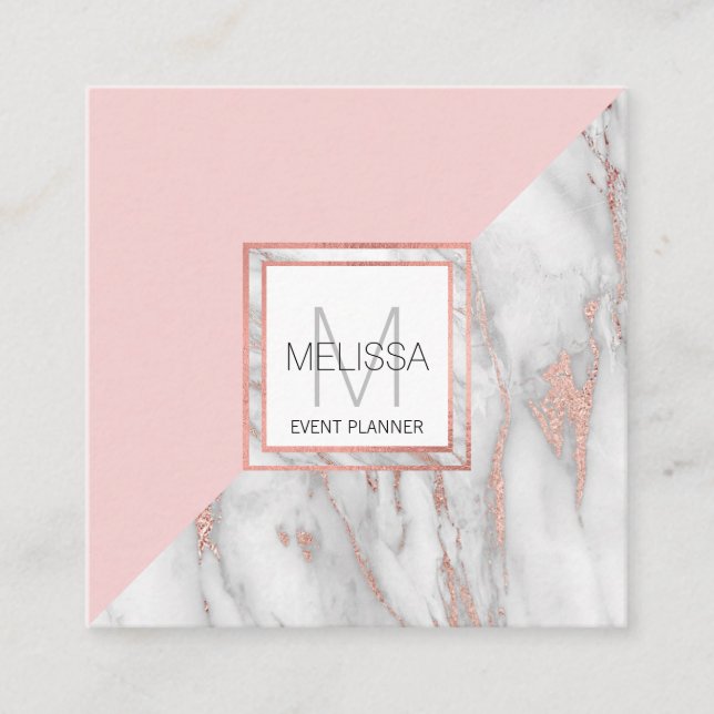 Rose Gold Blush Pink Marble Grey Feminine Square Business Card (Front)