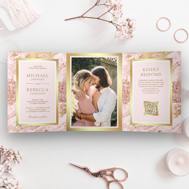 Rose Gold Blush Pink Marble Photo QR Code Wedding  Tri-Fold Invitation (Creator Uploaded)