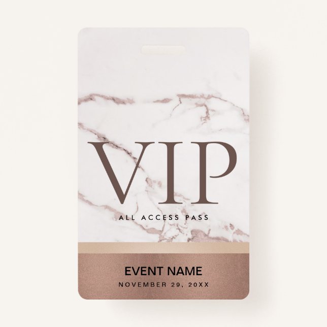 ROSE GOLD BLUSH PINK MARBLE VIP EVENT ACCESS PASS ID BADGE (Front)
