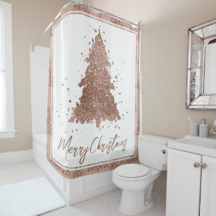 Rose Gold Blush Pink Merry Christmas Tree Border Shower Curtain